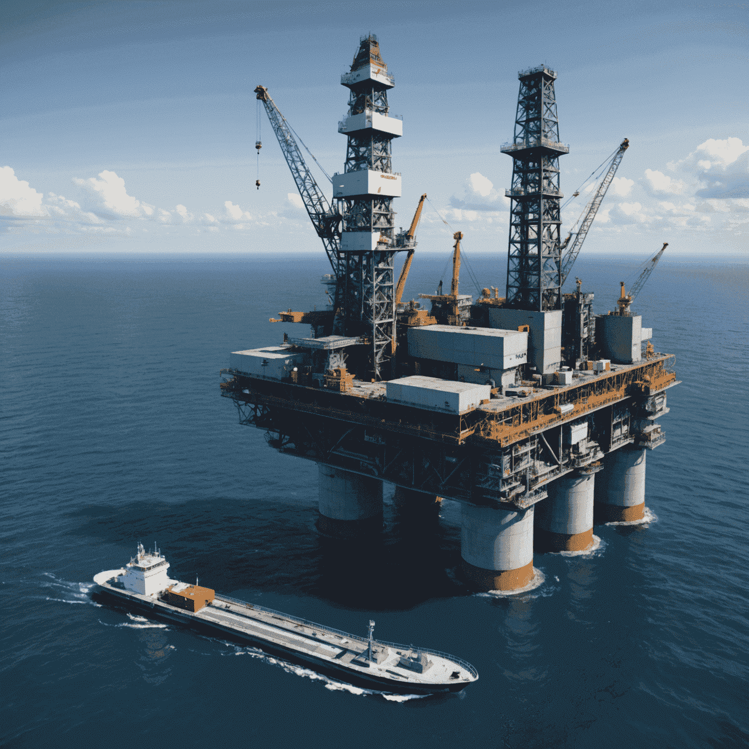 Illustration of an oil exploration platform using advanced technologies, with holographic screens displaying 3D seismic data
