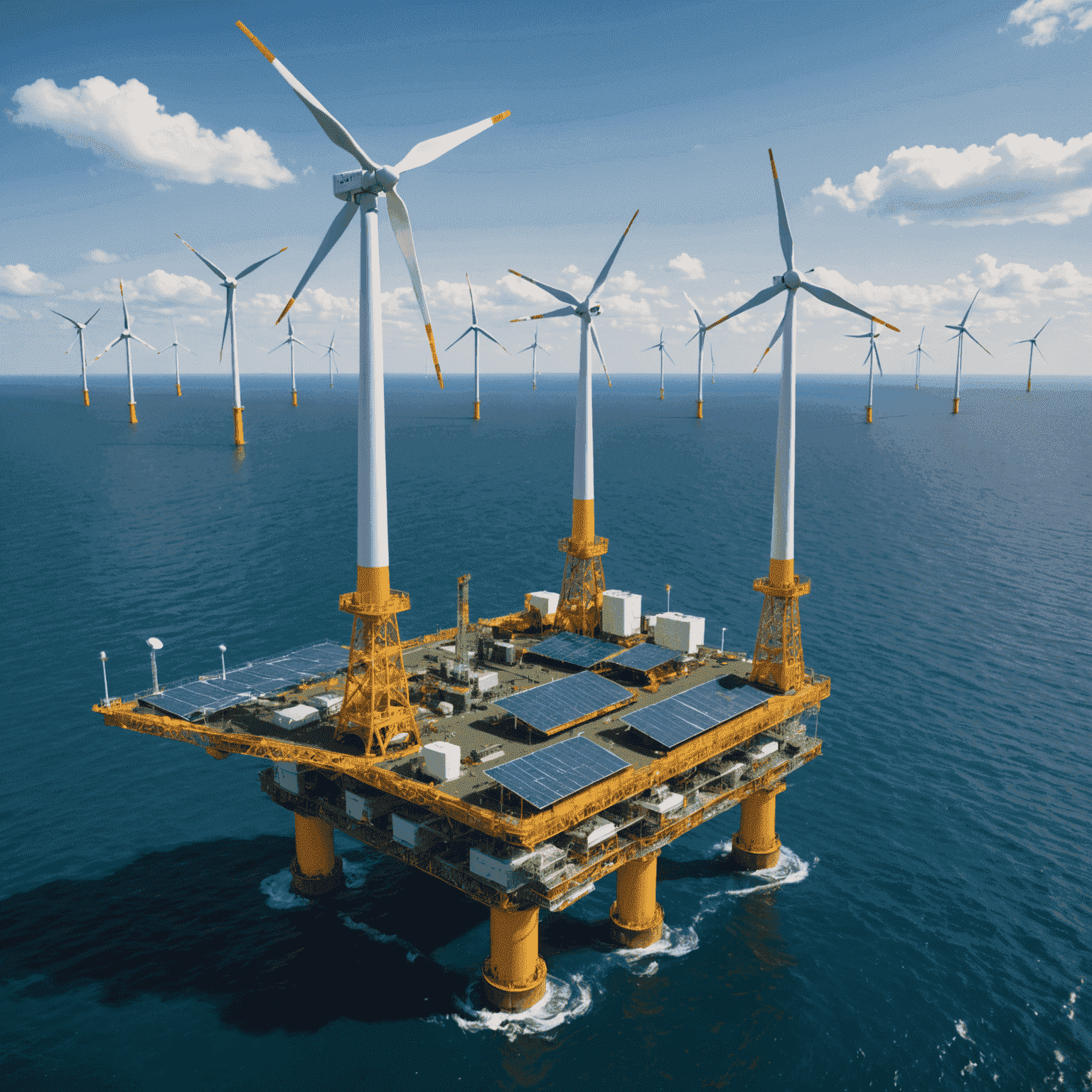 Image showing a visual transition from an oil platform to wind turbines and solar panels, symbolizing oil companies' diversification towards renewable energy