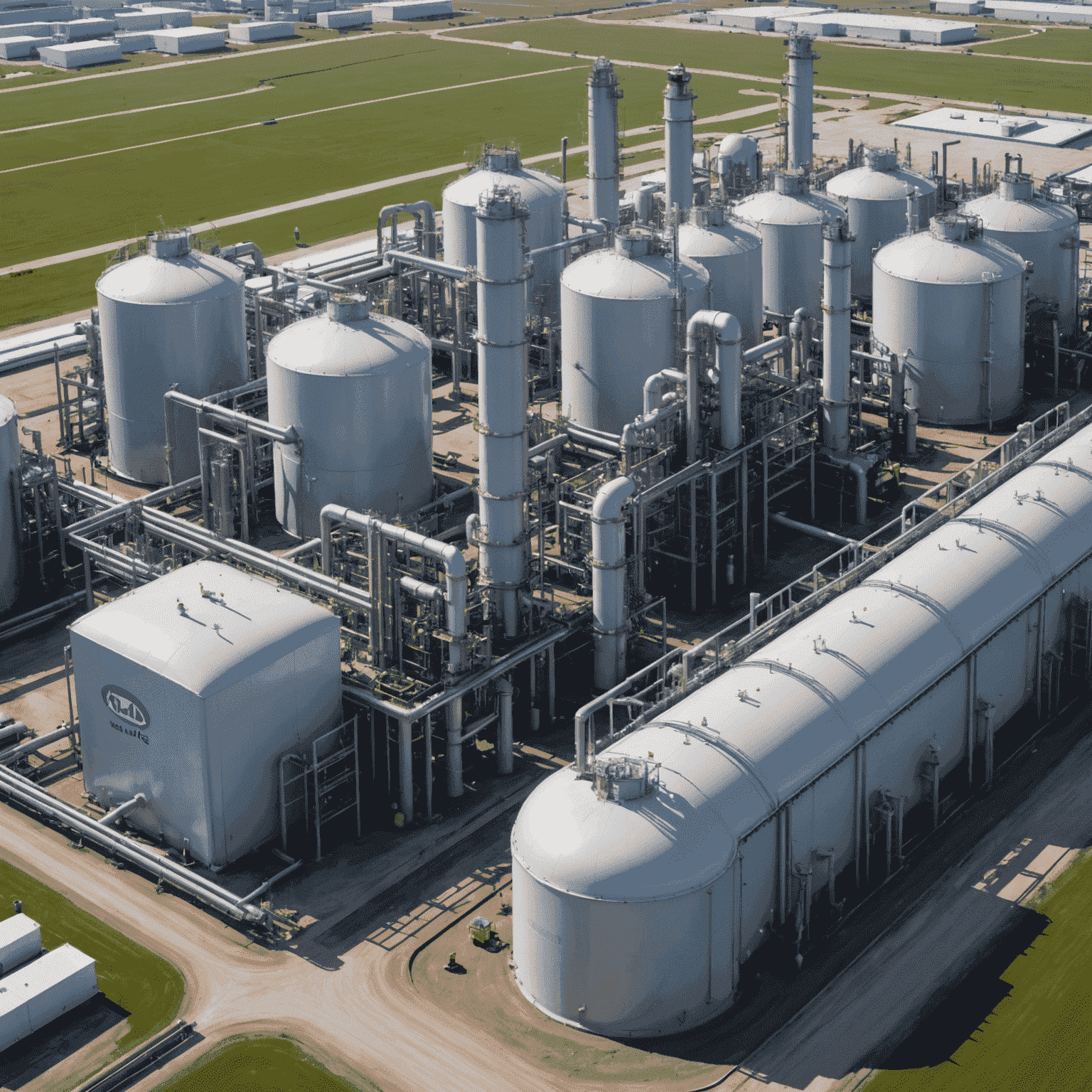 Nouvelle installation de raffinage de gaz naturel avec des équipements modernes et écologiques, montrant des systèmes de filtration avancés et des unités de récupération d'énergie