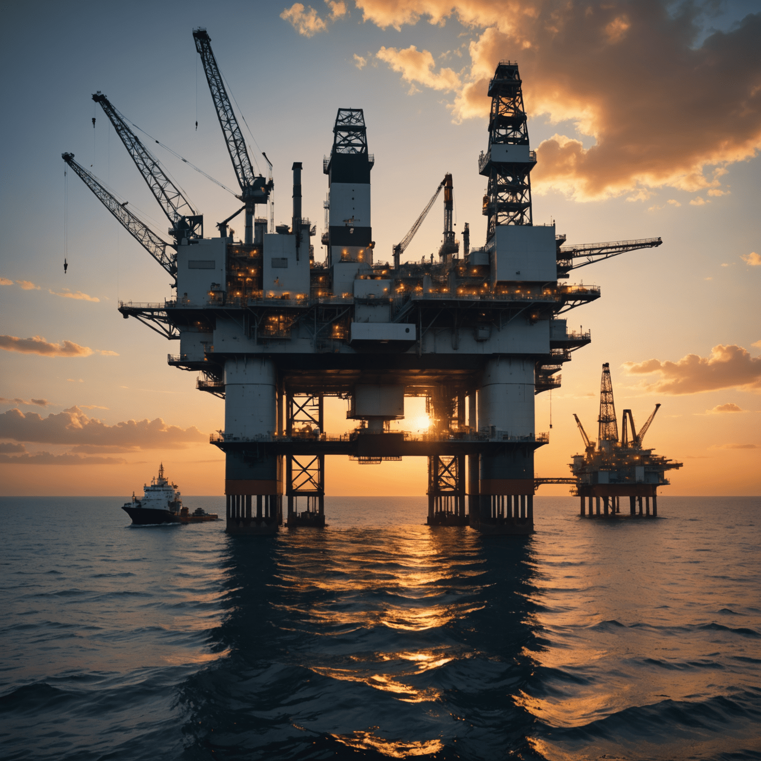 Image showing an offshore oil platform at sunset, with engineers working on high-tech equipment, symbolizing exploration and production expertise
