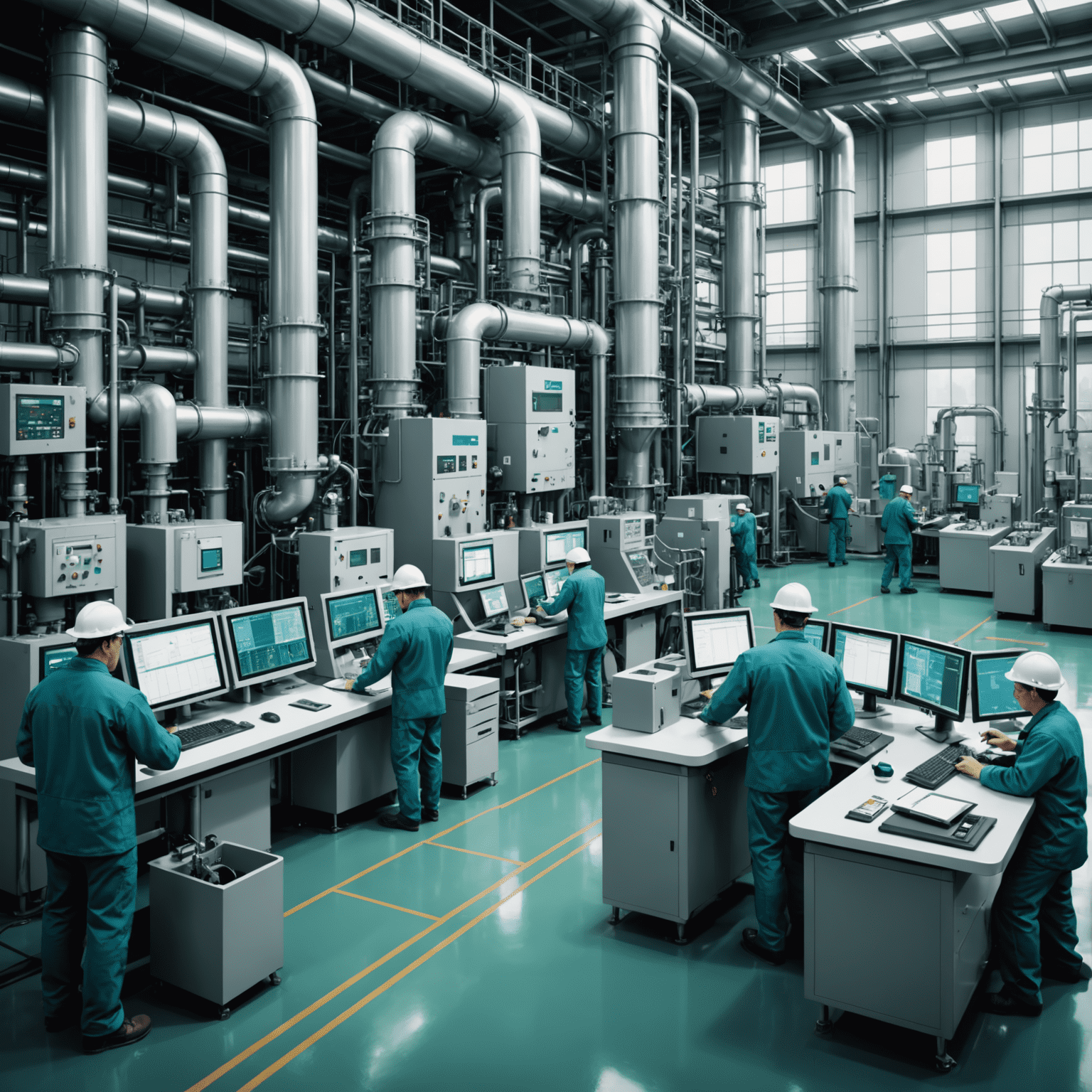 Illustration of a modern refinery with state-of-the-art equipment and engineers working on high-tech dashboards. The image highlights the efficiency and cleanliness of operations, with blue-green tones and minimalist graphic elements representing optimized process flows.