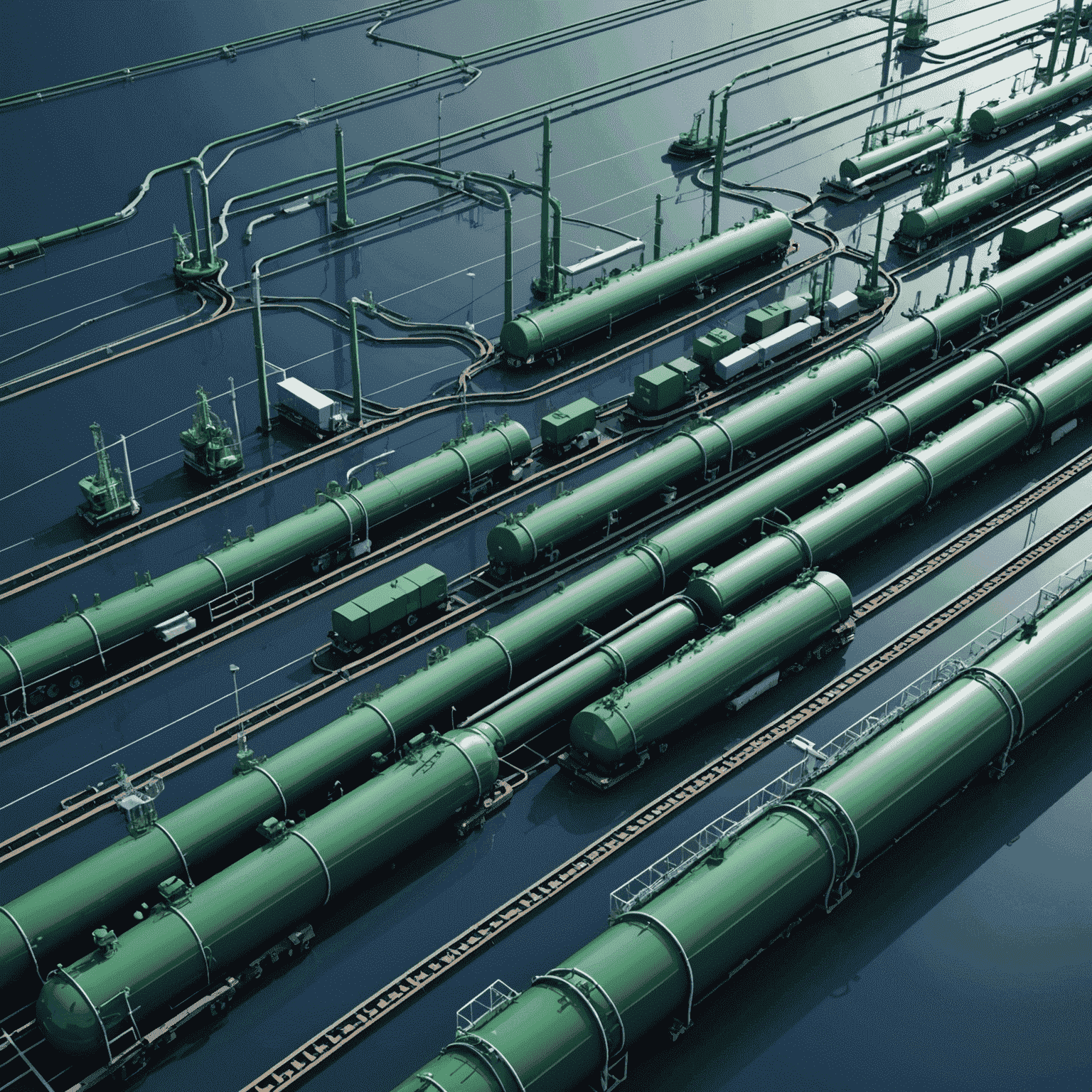 Image d'un réseau de transport énergétique complexe, montrant des pipelines, des camions-citernes et des navires pétroliers dans un style minimaliste avec des lignes fines et des formes dynamiques, utilisant des tons bleu-vert profonds