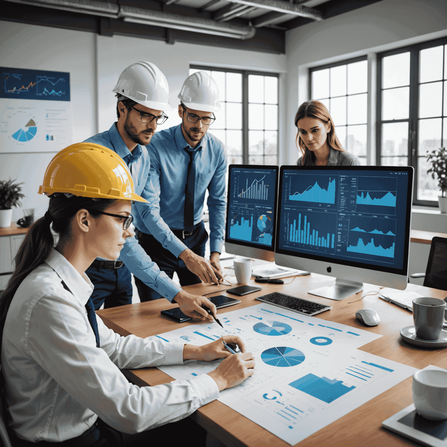 Illustration d'une équipe d'ingénieurs travaillant sur le développement d'un nouveau produit énergétique, avec des maquettes, des plans et des écrans d'ordinateur affichant des graphiques d'efficacité énergétique