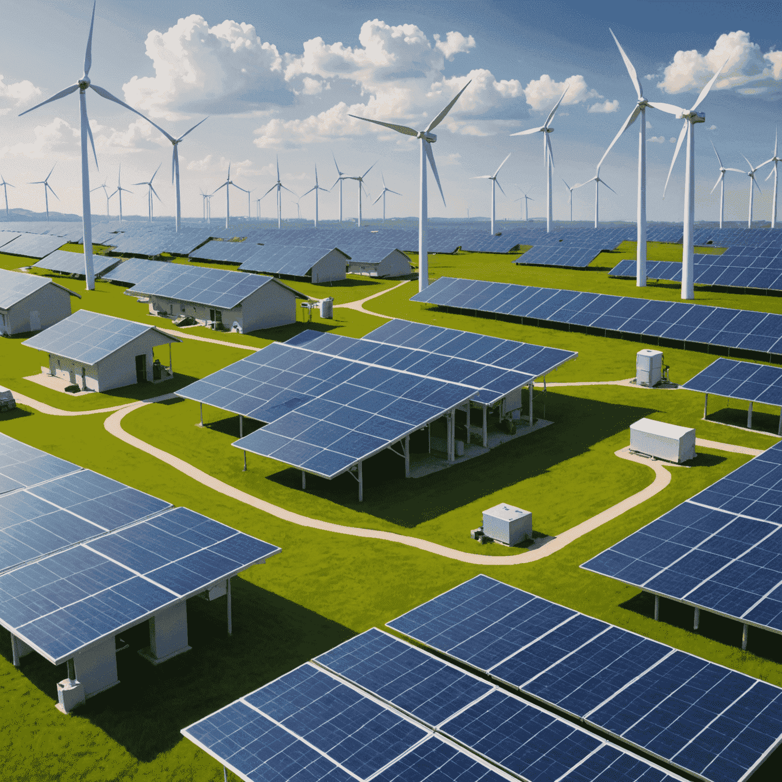 Image représentant une transition vers les énergies renouvelables, montrant des panneaux solaires, des éoliennes et des installations pétrolières en arrière-plan, symbolisant la transformation du secteur énergétique