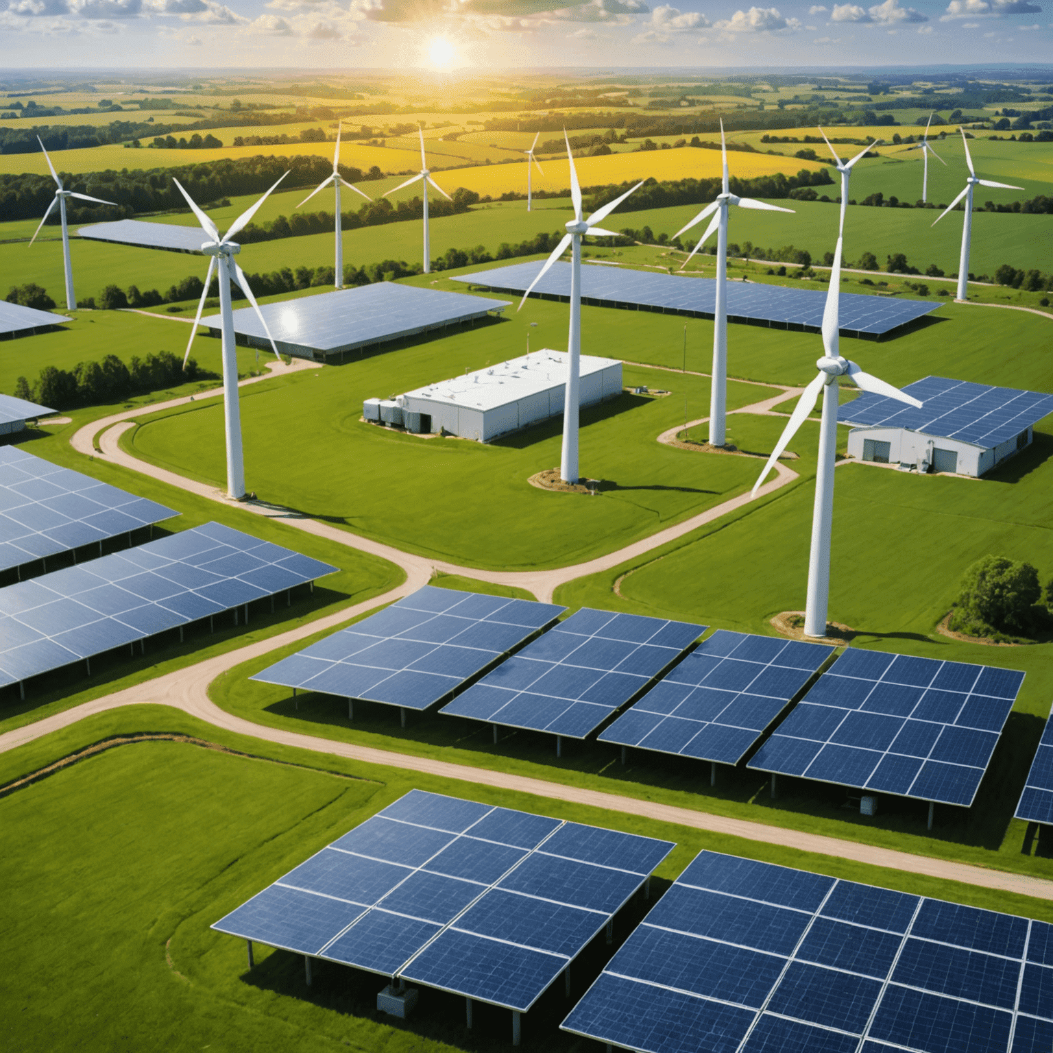 Image illustrating the transition to renewable energy, showing wind turbines, solar panels and biofuel facilities alongside traditional oil infrastructure