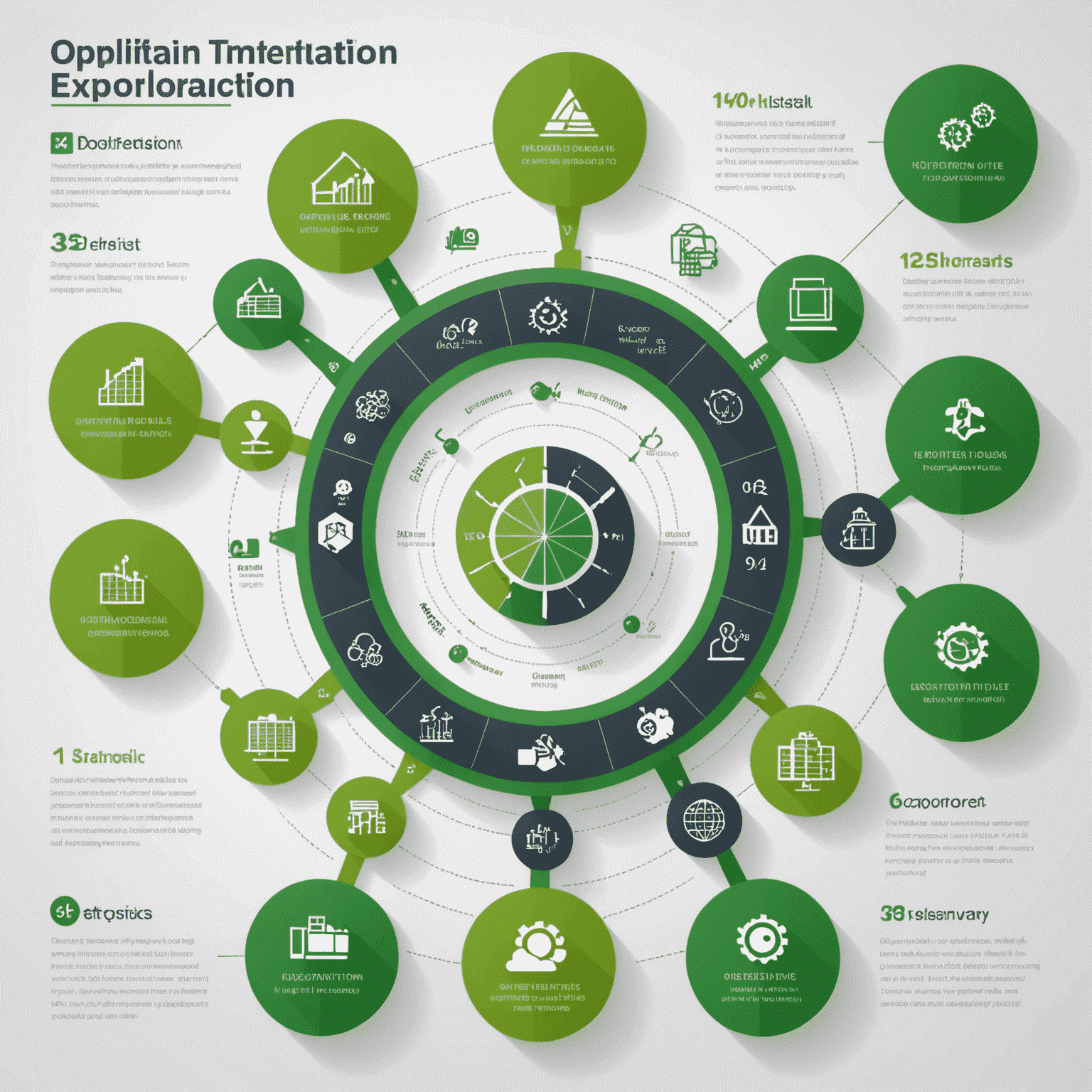 Infographic showing the optimization process for exploration and production, with icons representing data analysis, green technologies and operational efficiency