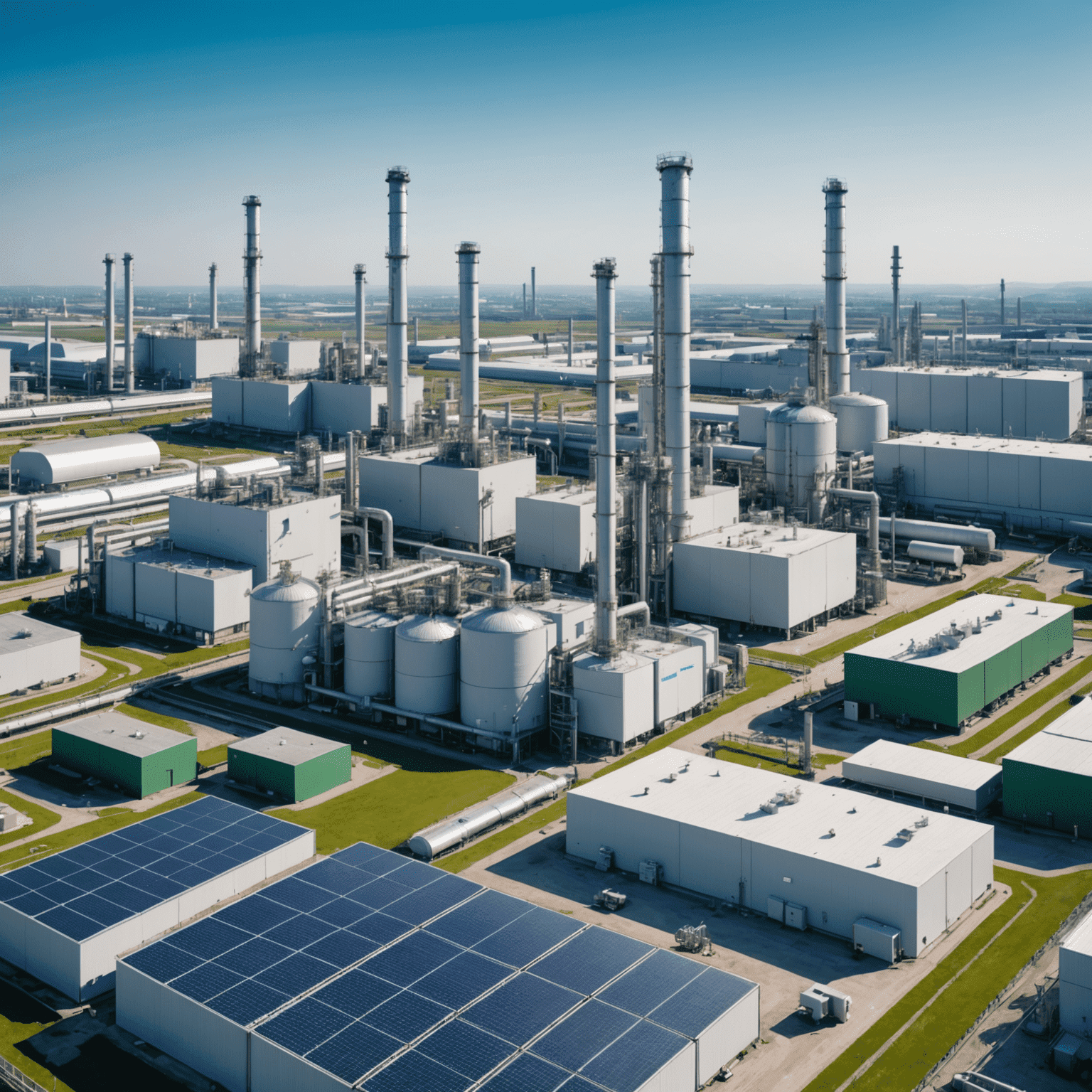 Panorama of an optimized modern refinery, showing clean and efficient facilities. The image highlights integrated green technologies, such as rooftop solar panels and heat recovery systems. Blue-green tones dominate, creating an atmosphere of sustainability and innovation.