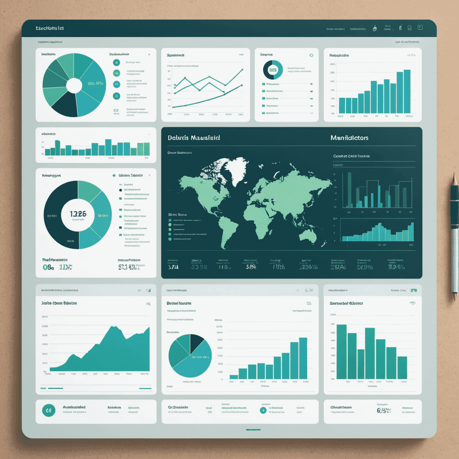 Illustration d'un tableau de bord de gestion logistique montrant des graphiques, des cartes et des indicateurs de performance clés dans un style minimaliste avec des tons bleu-vert