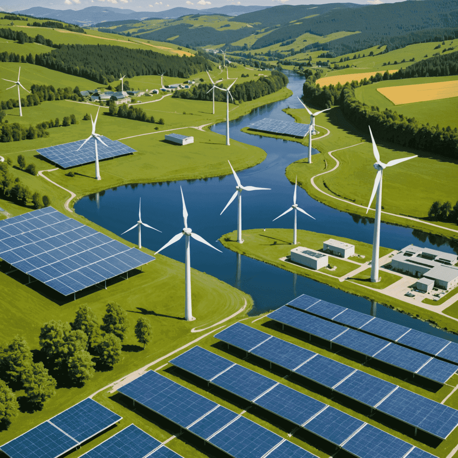 Image showing a mix of renewable energies: wind turbines, solar panels and hydroelectric power plants